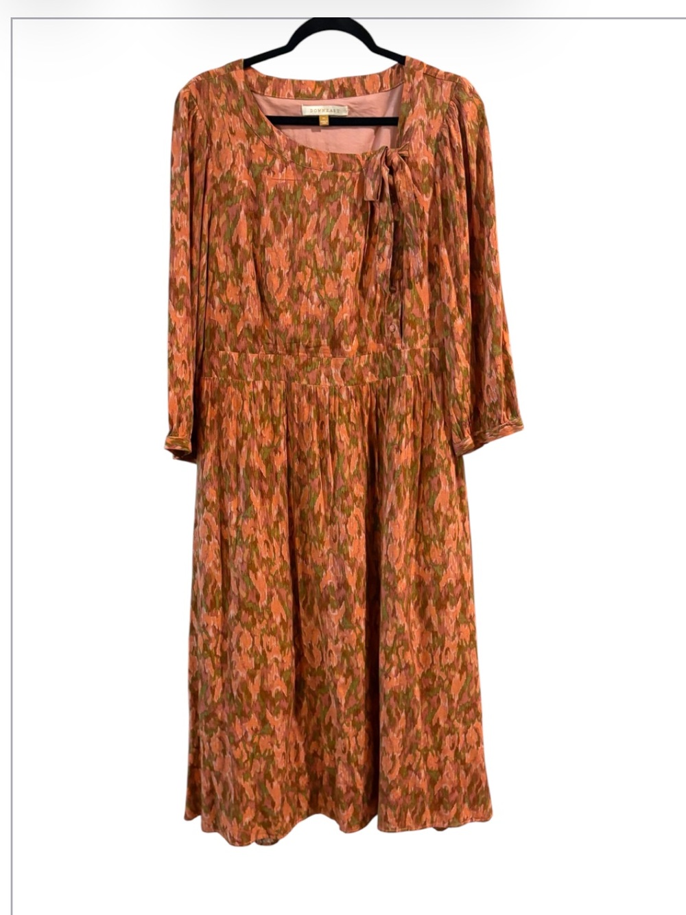DownEast Boho Cottagecore Midi Dress Rust Floral Tie Neck Long Sleeve XL